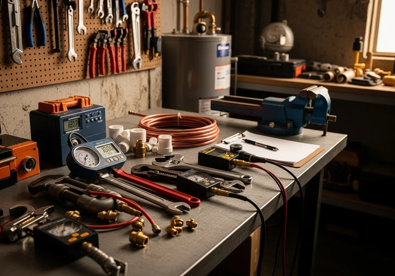 Plumbing tools and equipment arranged on a workbench, representing professional leak detection and water heater installation services.