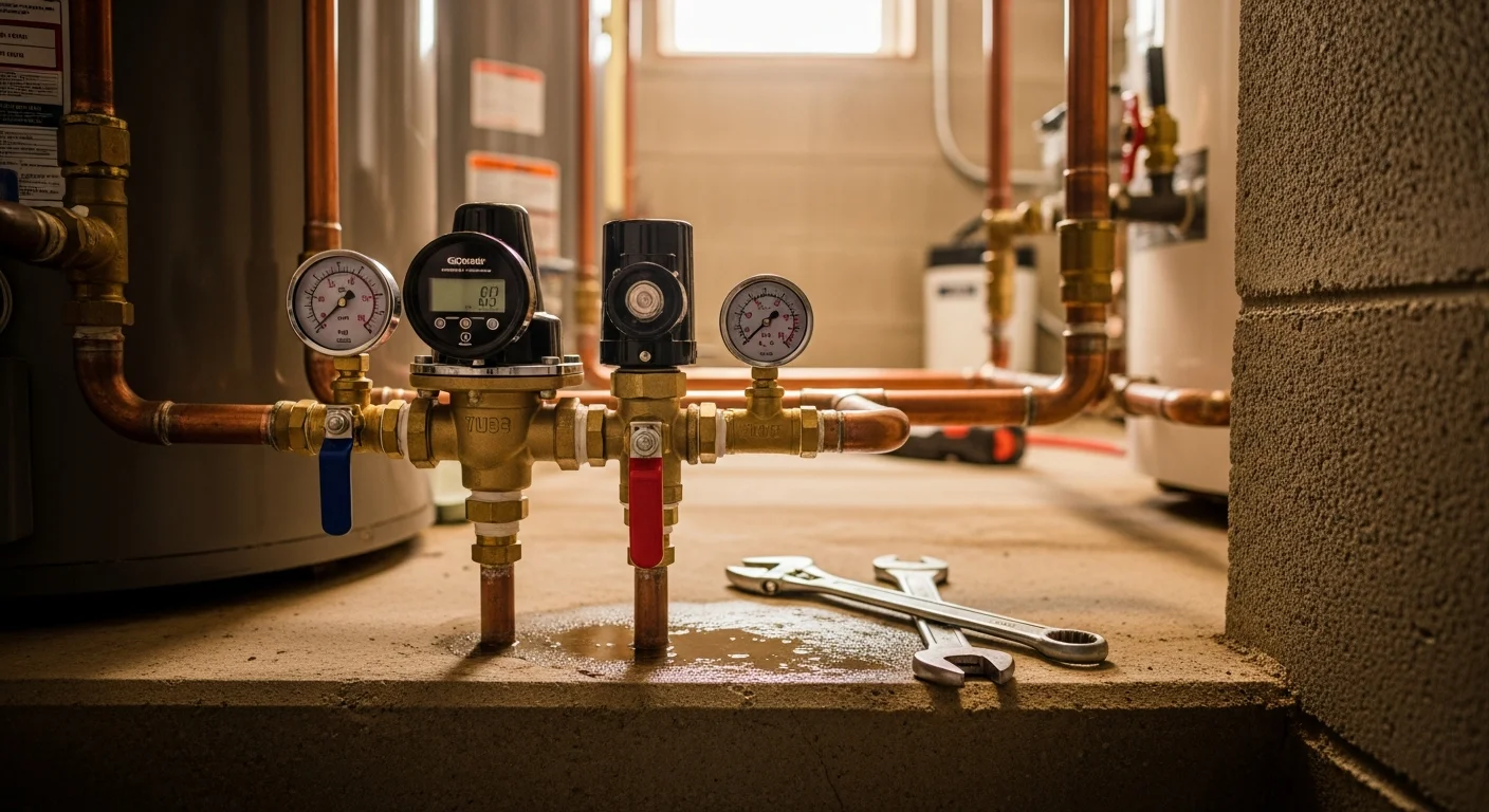 Close-up of a pressure regulator valve installed on a water line