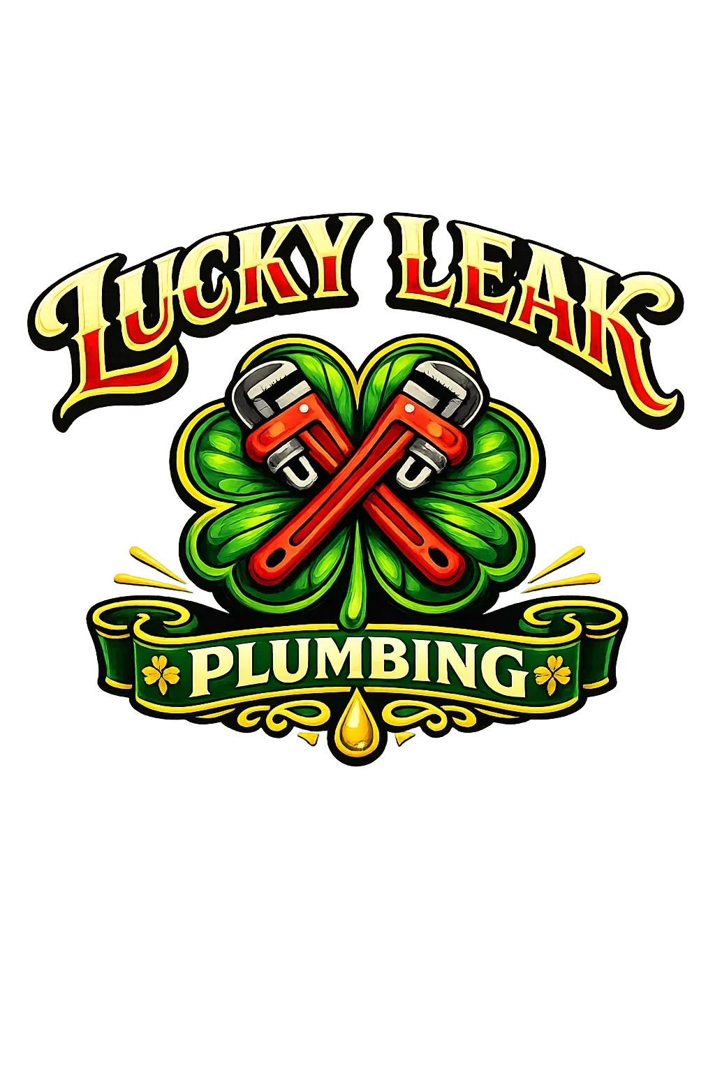 Lucky Leak Plumbing logo with crossed red wrenches on green clover and decorative banner