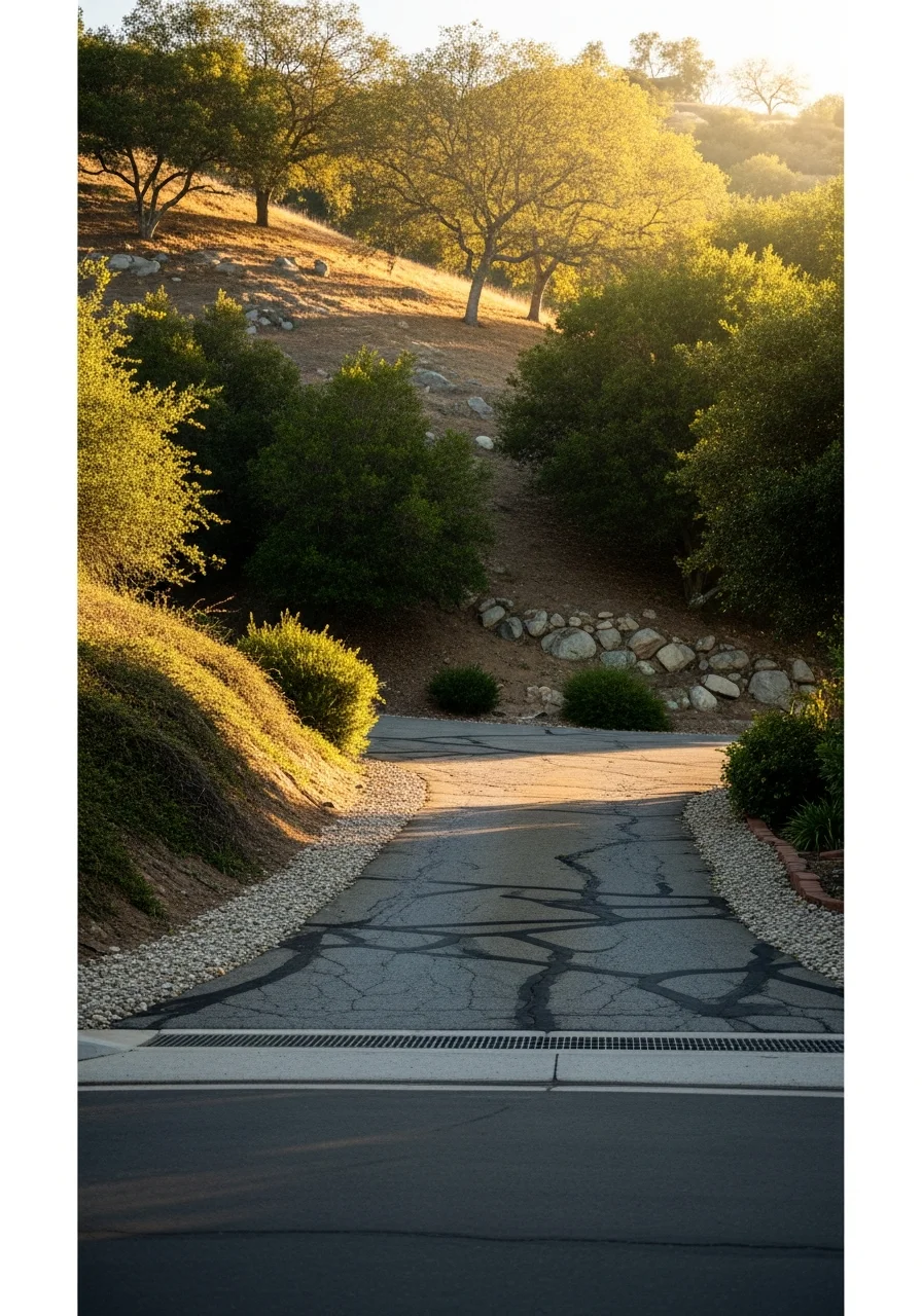 La Cresta property entrance with slope terrain and mature vegetation.
