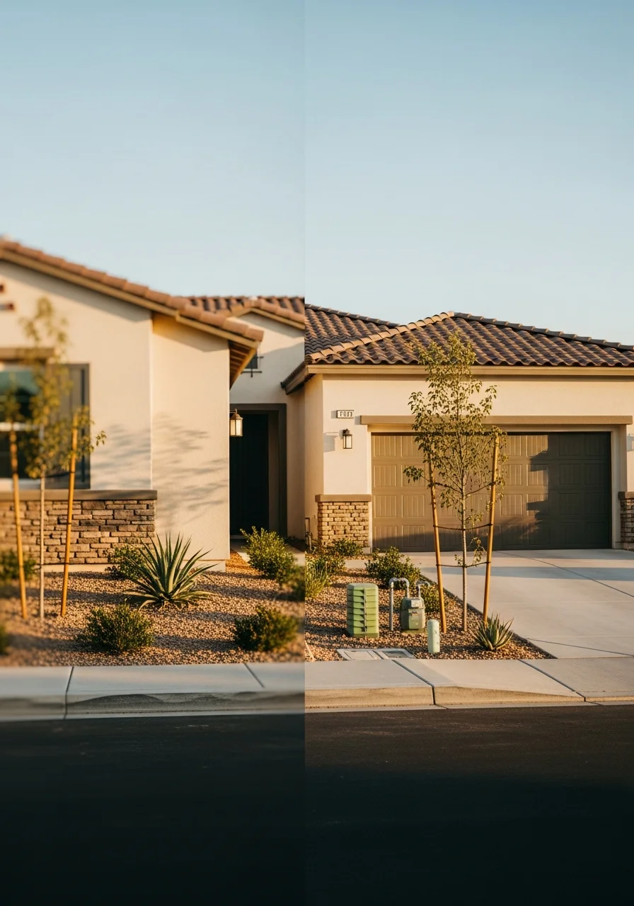 Menifee property with modern residential construction and street view.