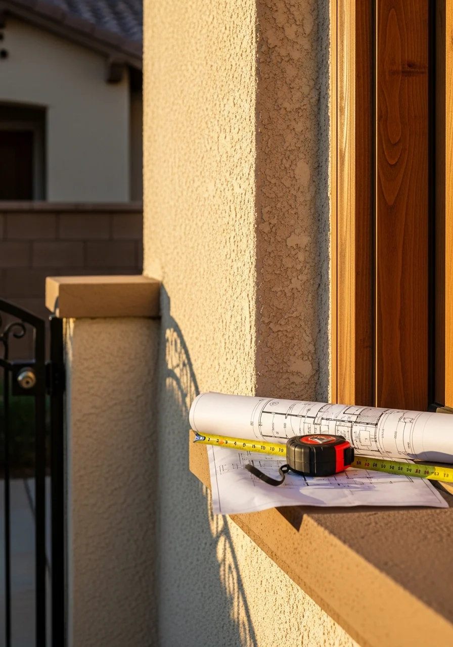 Murrieta contractor reviewing plans at a residential property entrance.