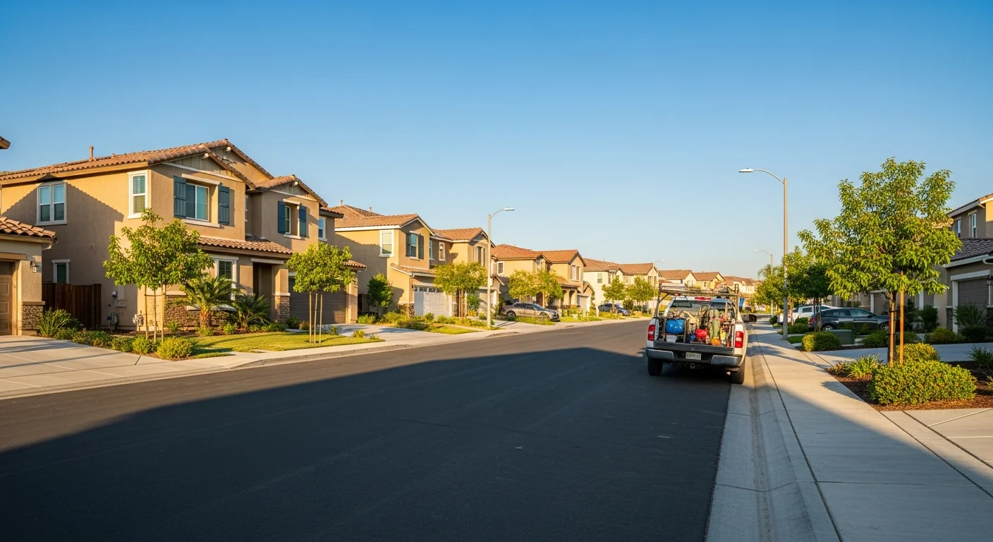 Murrieta residential street with newer homes and mature landscaping under clear sky.