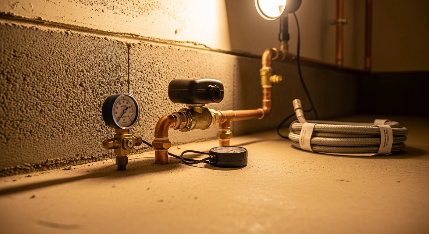 A licensed plumber installing an automatic shut-off valve on the main water supply line inside a Murrieta home garage. The copper pipe connection and valve body are clearly visible against the wall.