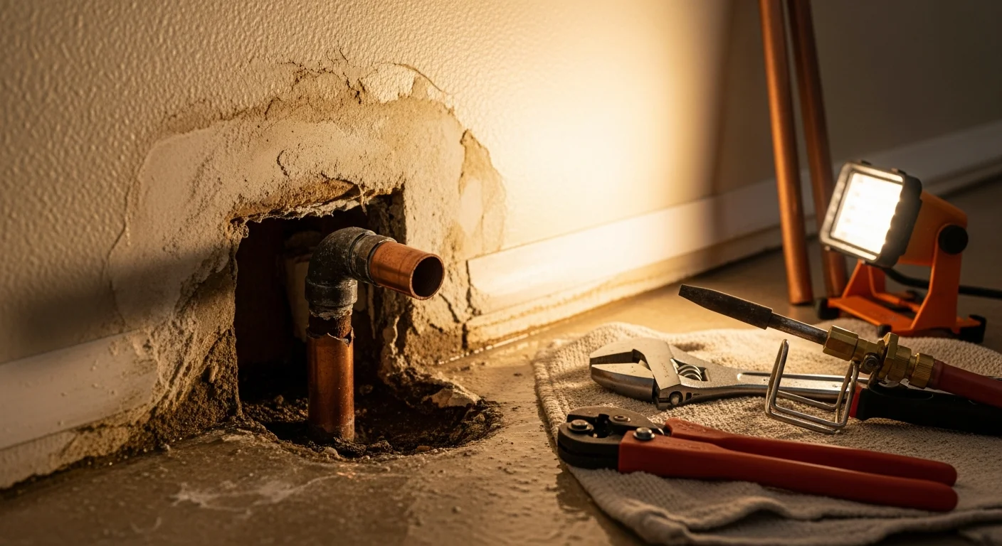 A licensed plumber from Lucky Leak Plumbing repairing a burst copper supply pipe inside a Murrieta home, with the damaged pipe section exposed in a wall cavity and water damage visible on the surrounding drywall.