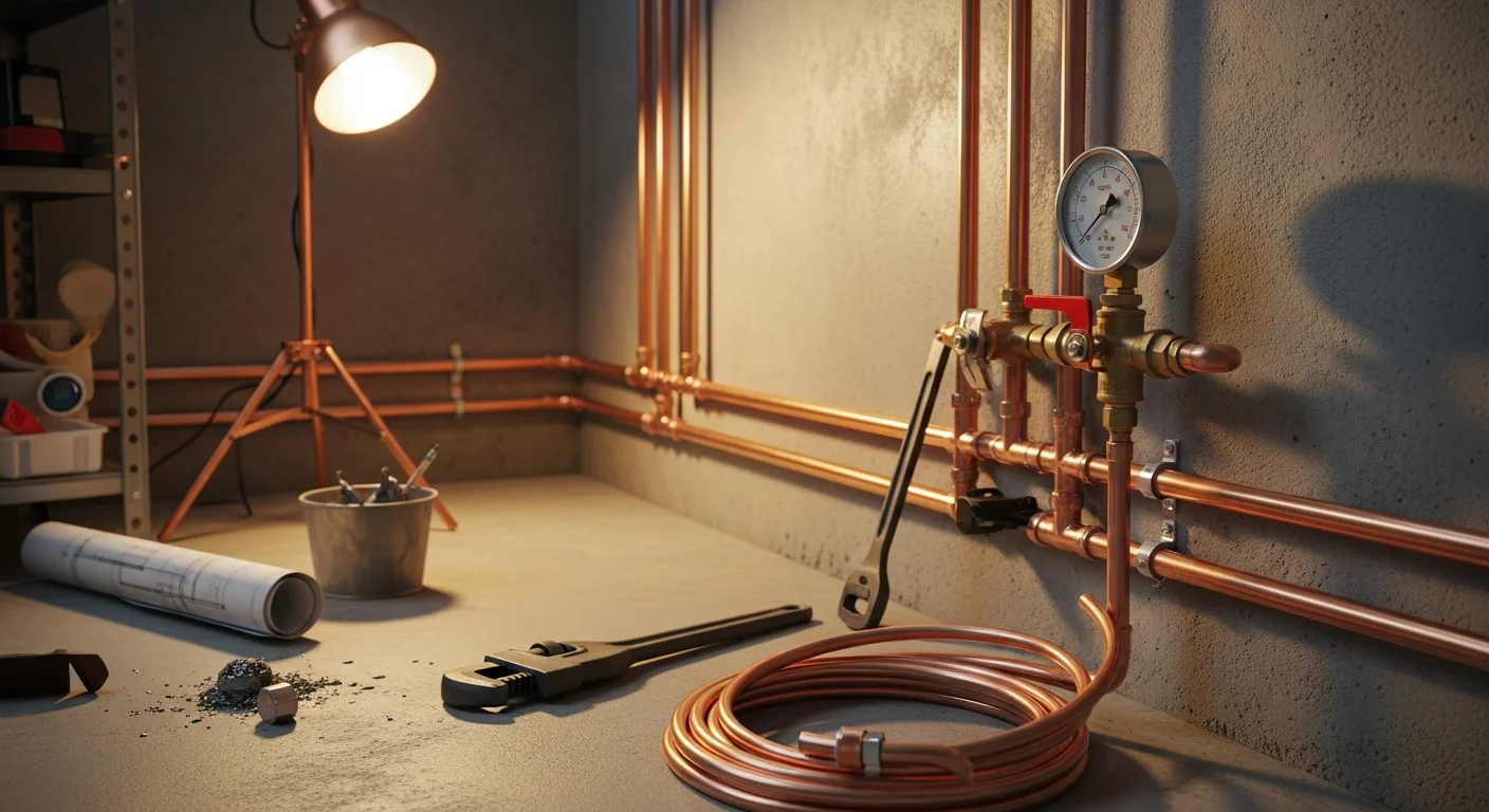 A licensed plumber installing new copper supply pipes inside the wall cavity of a Murrieta home, with clean solder joints and properly secured fittings visible. The work connects to an existing fixture rough-in in a single-story slab-foundation property.