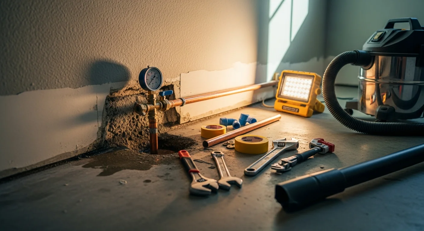 A Lucky Leak Plumbing technician inspecting an exposed pipe beneath a concrete slab floor inside a single-family home in Murrieta, California. The image shows a slab leak repair in progress with water damage visible on the surrounding concrete.