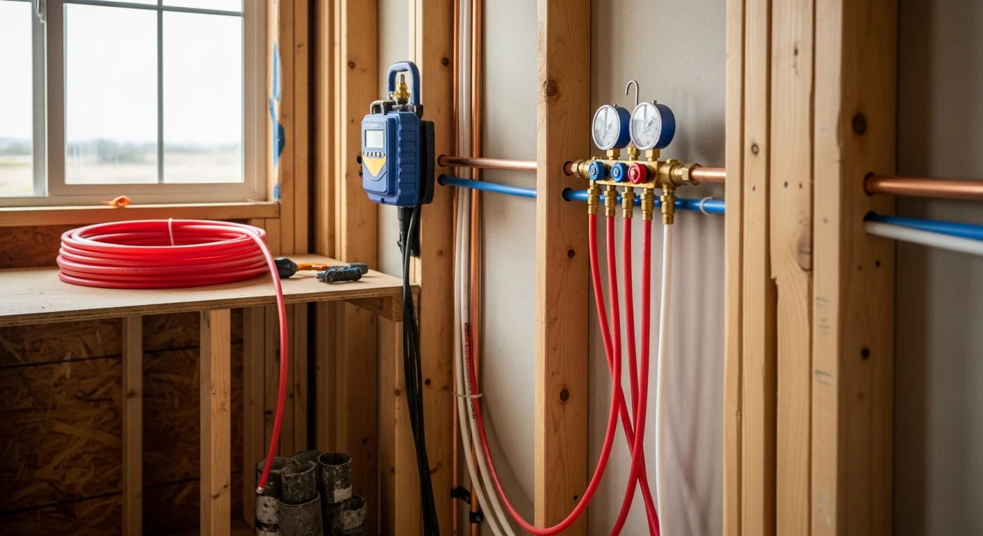 New water supply lines running through an open wall cavity in a Murrieta home during a full repipe installation. A plumber connects updated piping to a bathroom fixture as part of a complete pipe replacement project.