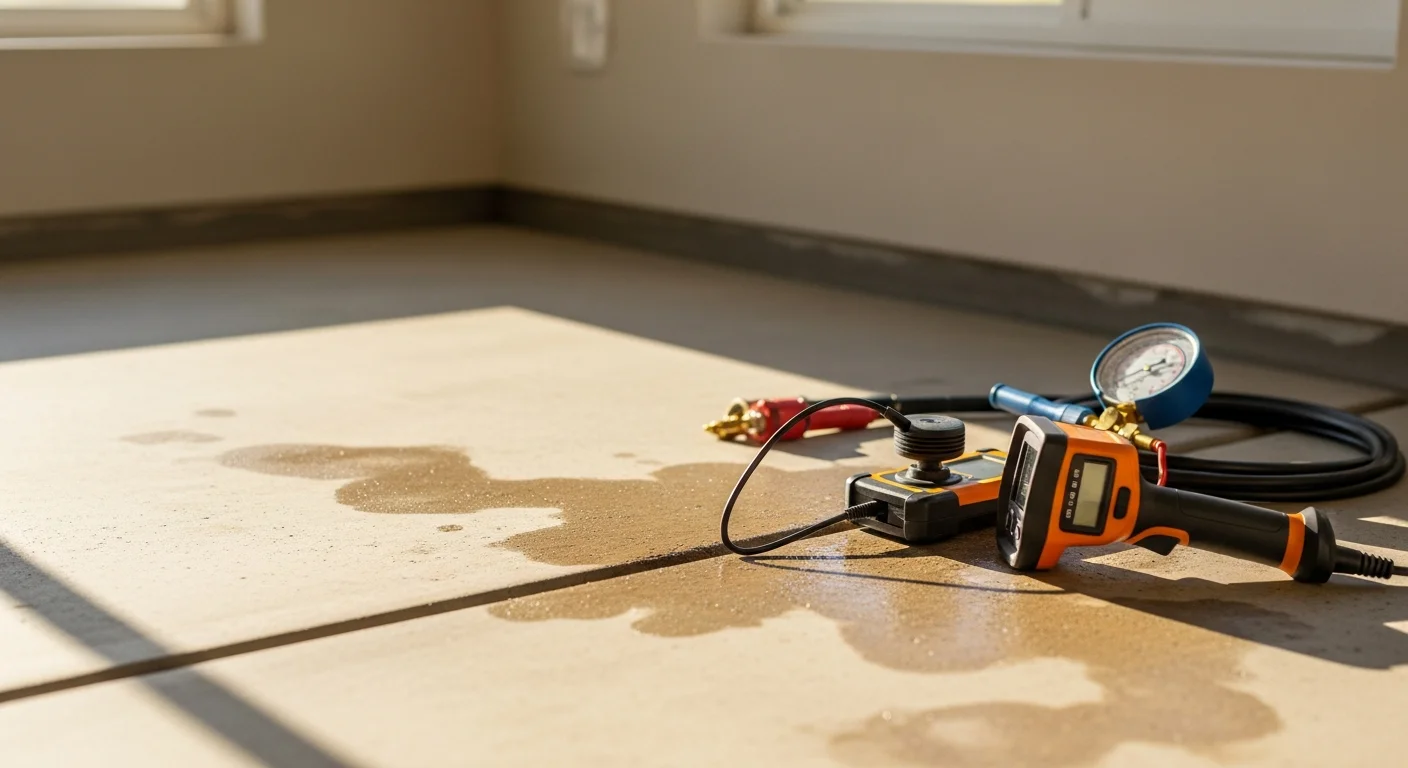 A Lucky Leak Plumbing technician using an acoustic leak detection device on a concrete slab floor inside a Murrieta home. The technician is tracing a suspected under-slab pipe leak with no visible floor damage.