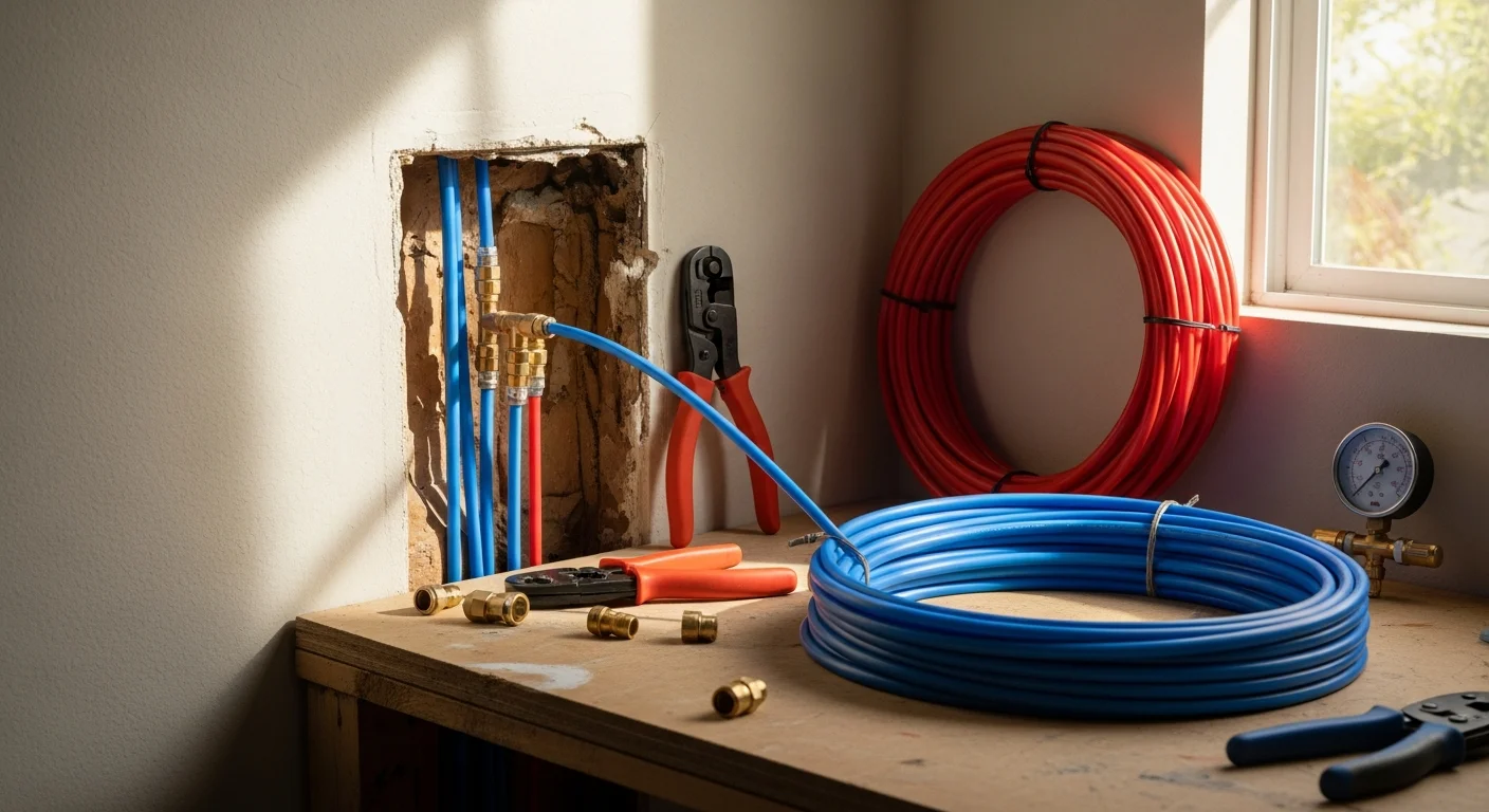 A licensed plumber installing flexible PEX supply lines inside the wall cavity of a Murrieta residential home. New red and blue PEX runs are visible, replacing old corroded pipe sections during a partial repipe project.