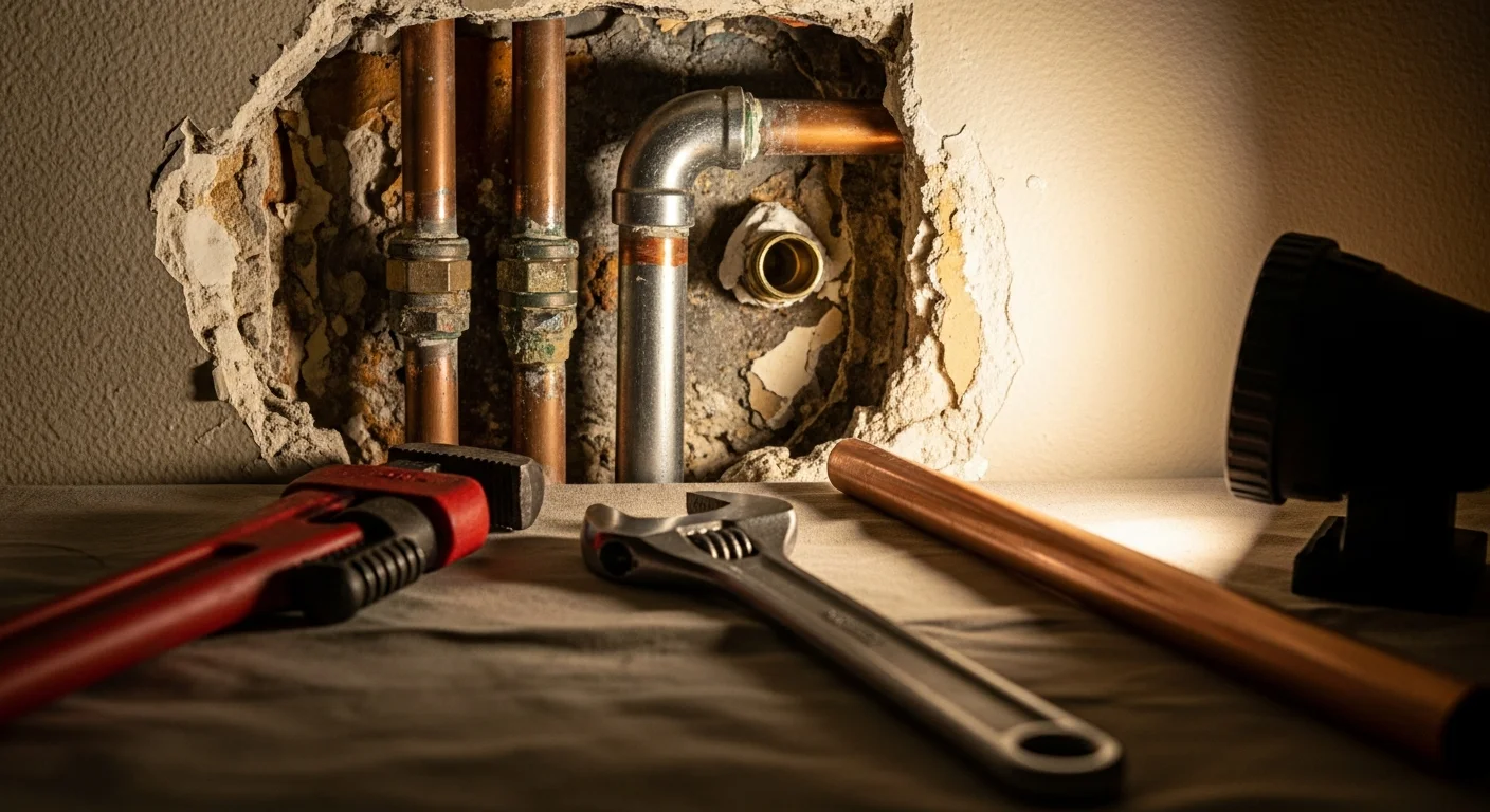A plumber repairing a corroded pipe section beneath a residential slab in Murrieta, California. The exposed pipe shows mineral buildup and stress cracking consistent with hard water and shifting soil conditions common in the Temecula Valley.
