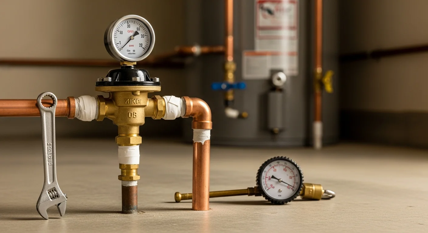 A pressure regulator valve installed on a residential main water line inside a Murrieta home, showing the valve body, fittings, and shutoff valve connection. Close-up view highlights a properly seated valve ready for pressure calibration.