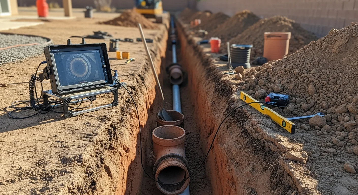 A Murrieta residential backyard with an open excavation trench exposing a damaged clay sewer pipe being replaced by a Lucky Leak Plumbing crew. The surrounding soil shows the expansive clay typical of the Temecula Valley region.