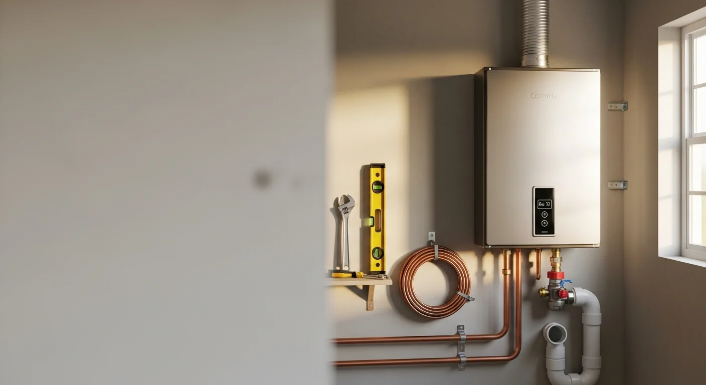 A tankless water heater mounted on an interior wall of a Murrieta home, with copper supply lines and a gas connection visible. A Lucky Leak Plumbing technician inspects the unit following installation.