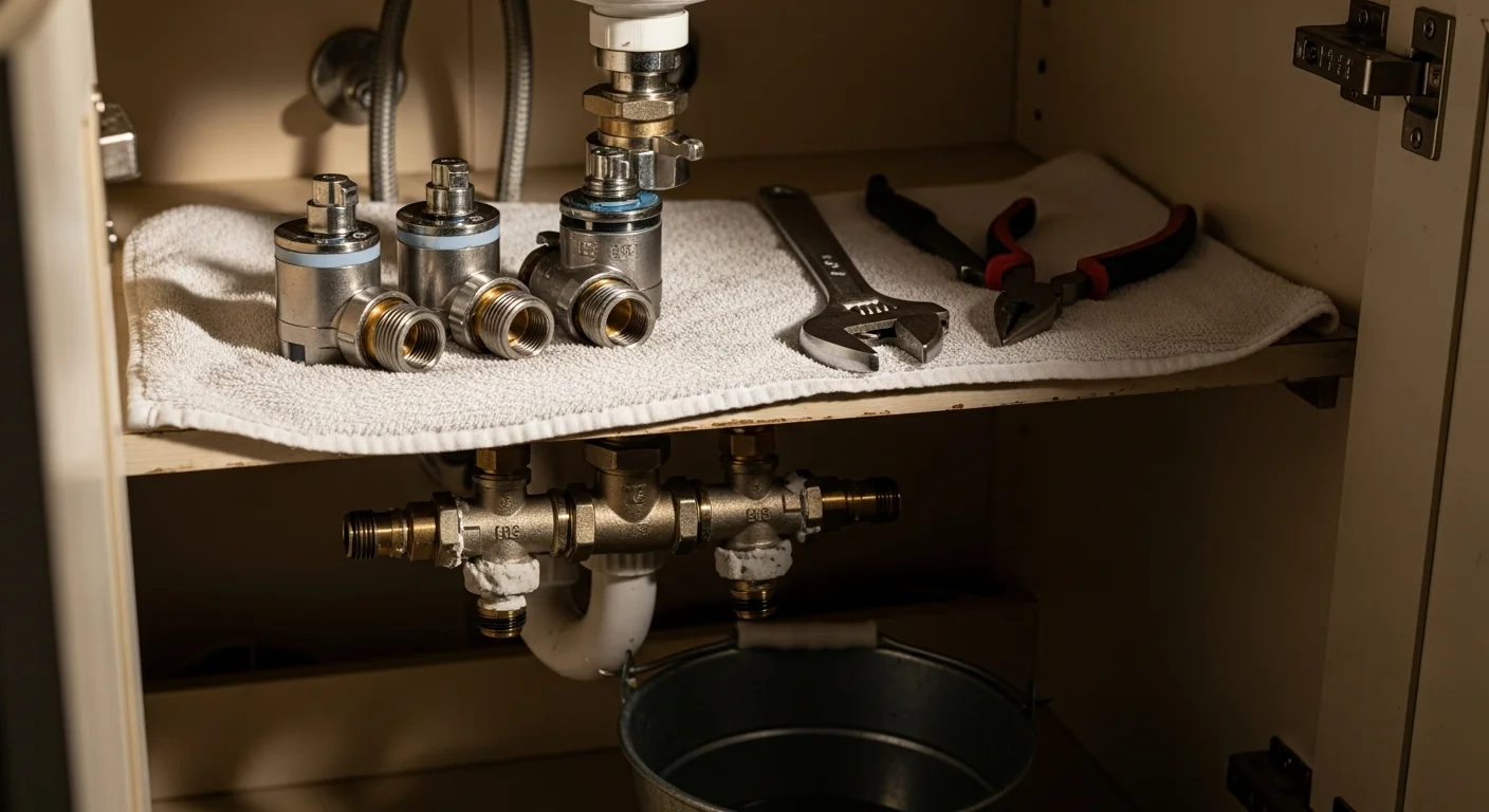 A plumber replacing a corroded angle stop valve under a bathroom sink in a Murrieta home. The old valve shows visible mineral scale buildup consistent with hard water conditions in the Temecula Valley.