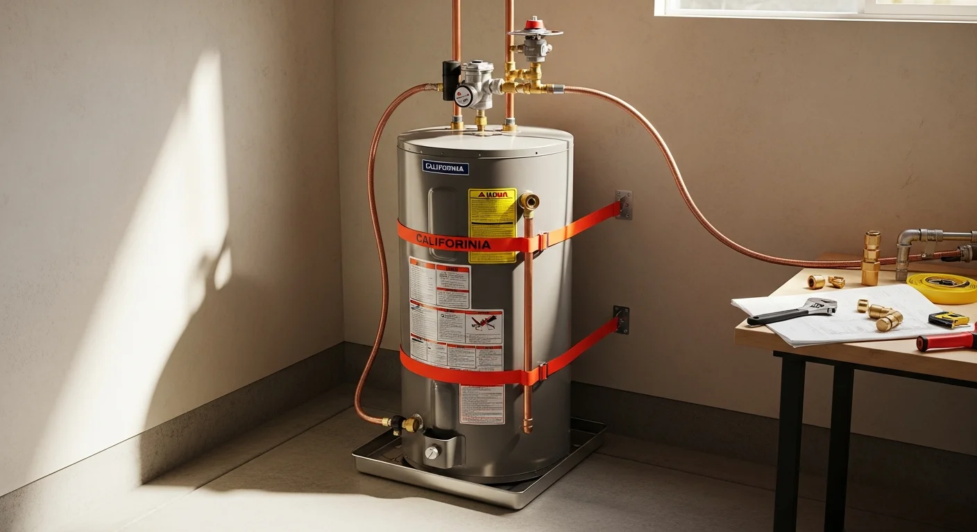 A licensed plumber securing a newly installed tank water heater with seismic strapping inside a Murrieta home garage. The unit is connected to copper water lines and a gas supply, with a drip pan positioned beneath the base.