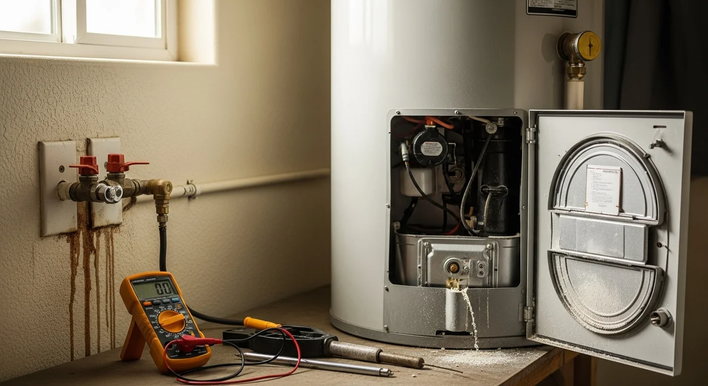 A Lucky Leak Plumbing technician performing water heater maintenance on a residential tank unit in a Murrieta home garage. The technician inspects the anode rod and checks fittings while a flush hose drains sediment-laden water from the base of the tank.