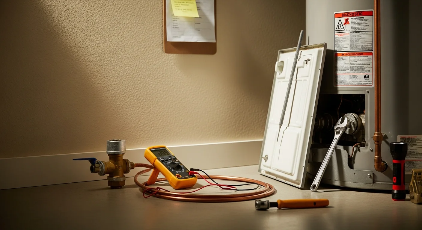 A Lucky Leak Plumbing technician inspecting a residential water heater tank in a Murrieta home garage, checking the pressure relief valve and base connections for signs of corrosion or leaks.