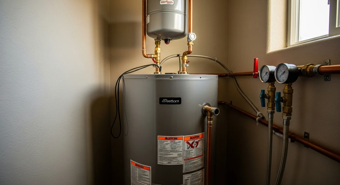A licensed plumber from Lucky Leak Plumbing installing a new tank water heater in a Murrieta home utility closet. The new unit is connected with fresh supply lines, a drip pan, and seismic strapping in place.