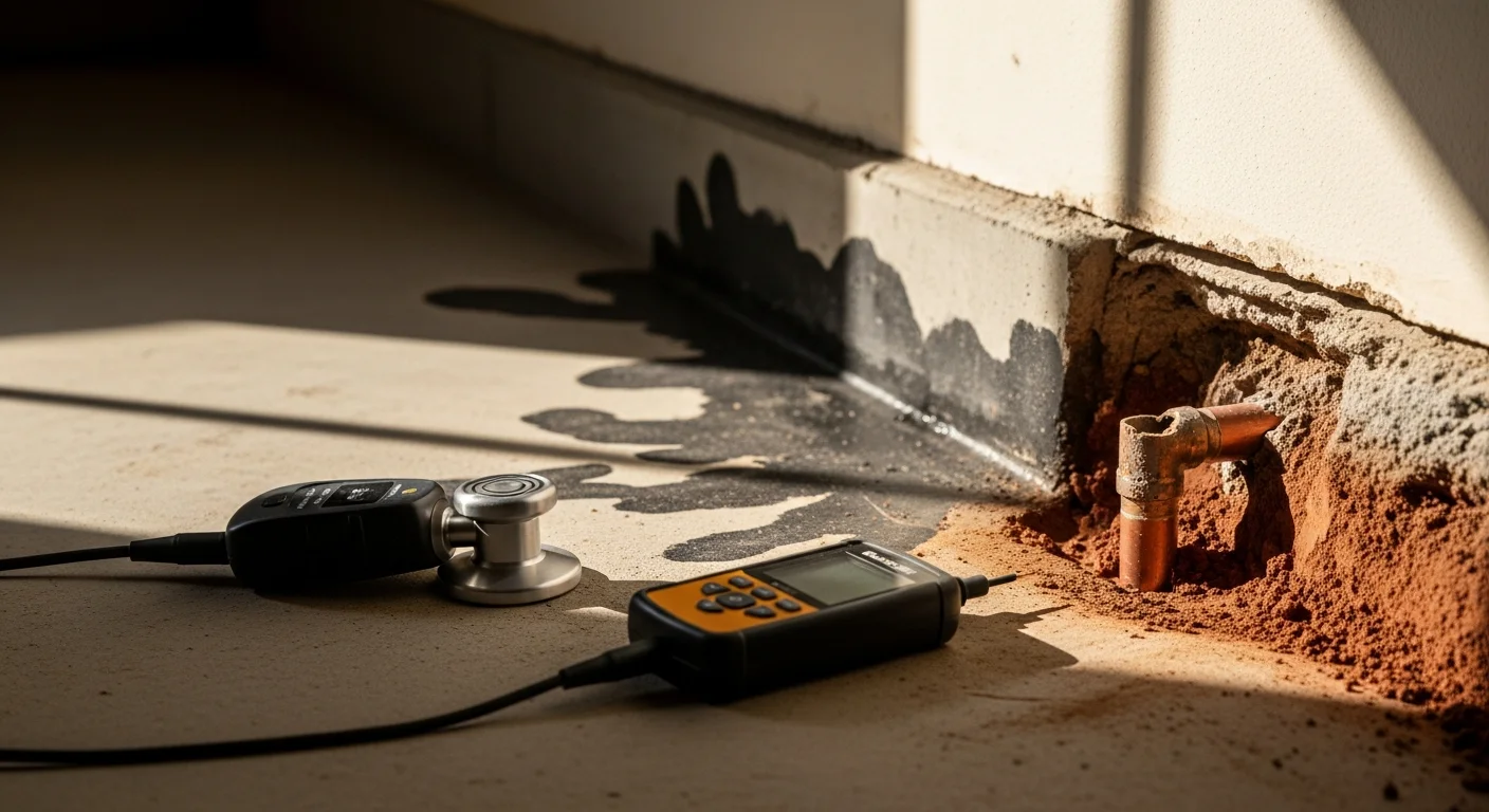 A Lucky Leak Plumbing technician using acoustic leak detection equipment on a concrete slab floor inside a Murrieta home. The image shows the plumber pinpointing a hidden slab leak beneath the foundation without visible floor damage.