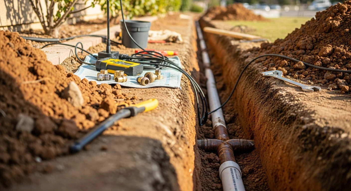 A freshly installed residential water line running from the street connection to a Murrieta home, with compacted soil and restored ground surface visible along the trench path. A plumber from Lucky Leak Plumbing inspects the new line connection at the exterior shutoff valve.