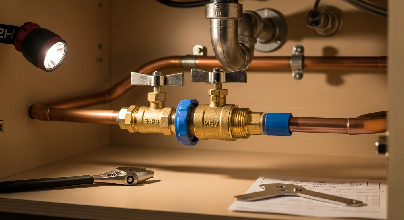 A licensed plumber installing a new ball valve on a copper water supply line inside a Murrieta home. The valve is fitted at an under-sink shutoff point with clean, sealed connections visible.