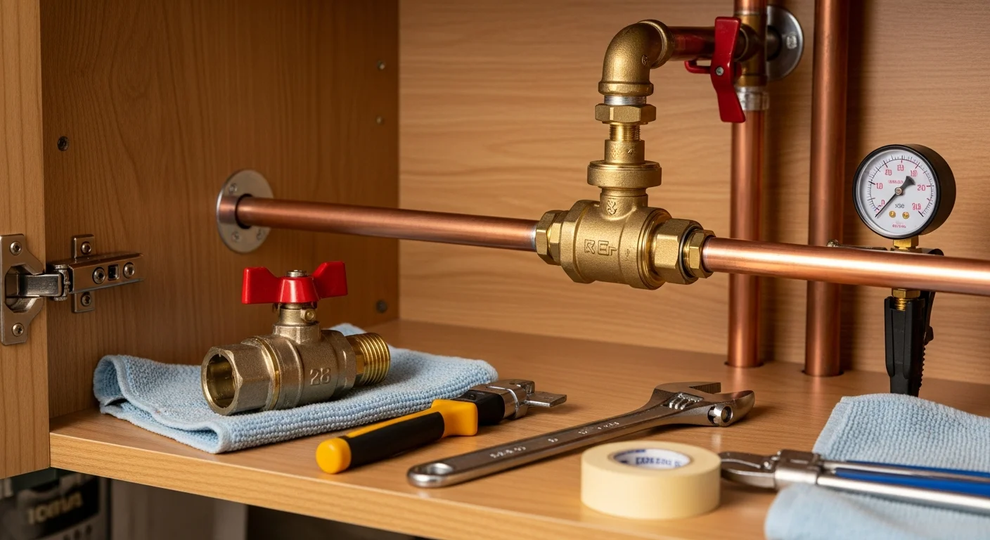 A licensed plumber installing a new ball-style water shut-off valve under a kitchen sink in a Murrieta home. The replacement valve is connected to a copper supply line with no visible corrosion or mineral buildup at the fitting.